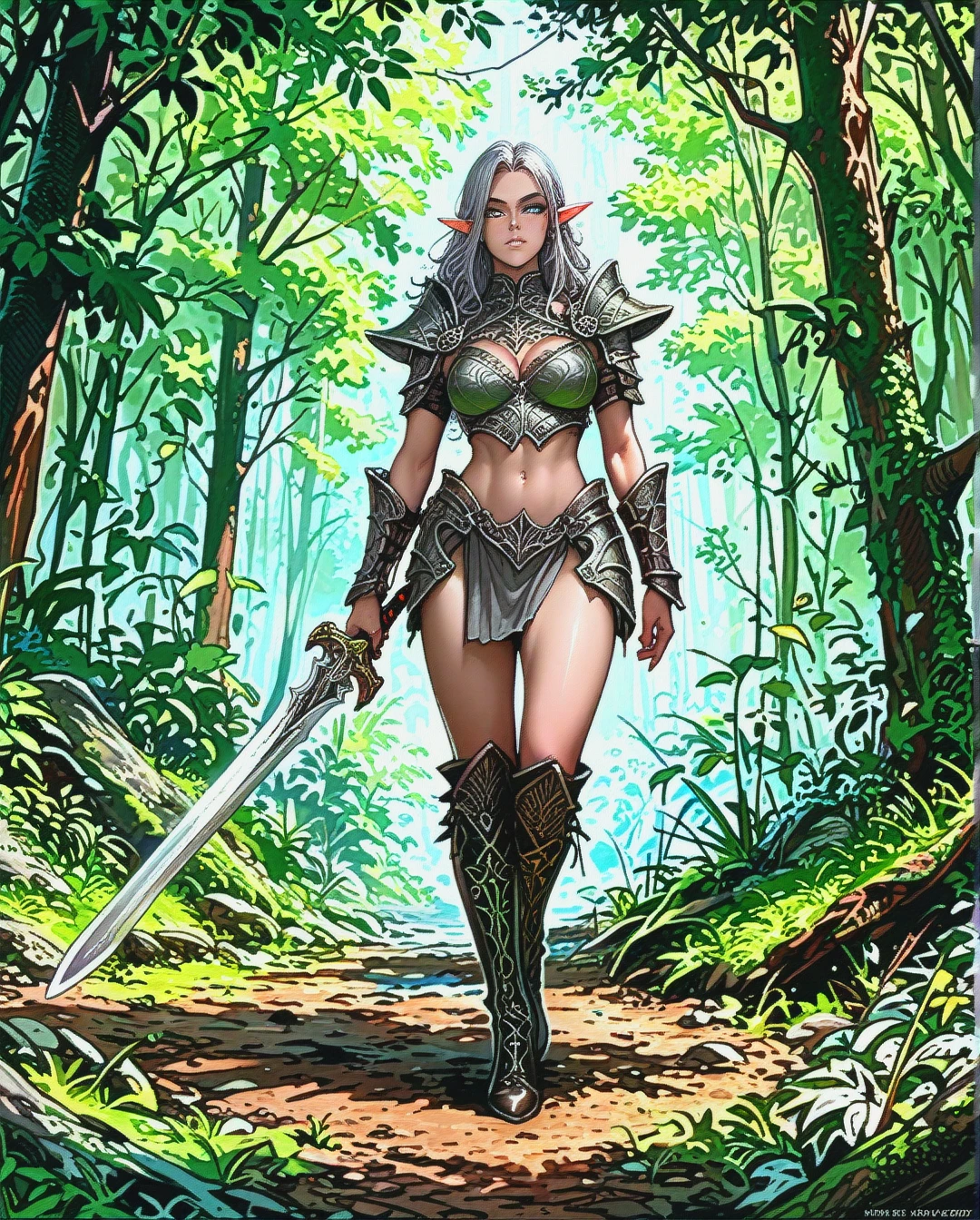 Grey elf woman, grey skin, pointy ears, toned body, revealing armour, boots, forrest, holding sword