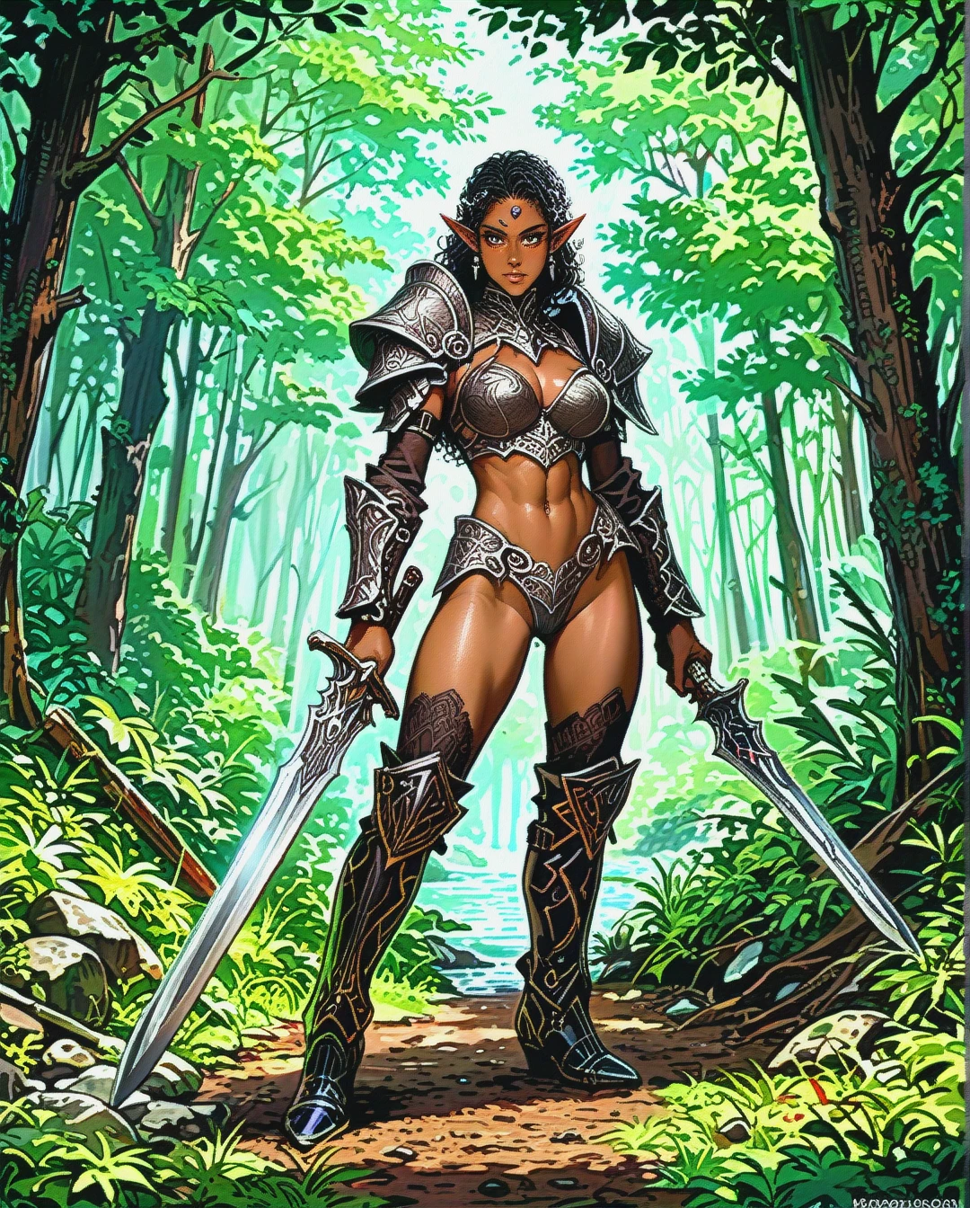 Drow elf woman, dark grey skin, pointy ears, toned body, revealing armour, boots, forrest, holding sword