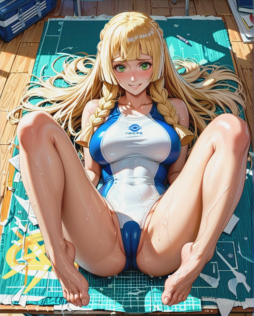 teacher is lying on her back , (on_back) , (legs_up) ,  ,teacher, (large_breasts)  , @lillie, blonde hair, masterpiece , swimsuit, (light_smile), feet, , (embarrassed) , (spread_legs) , sport_swimsuit, straight_hair, feet,