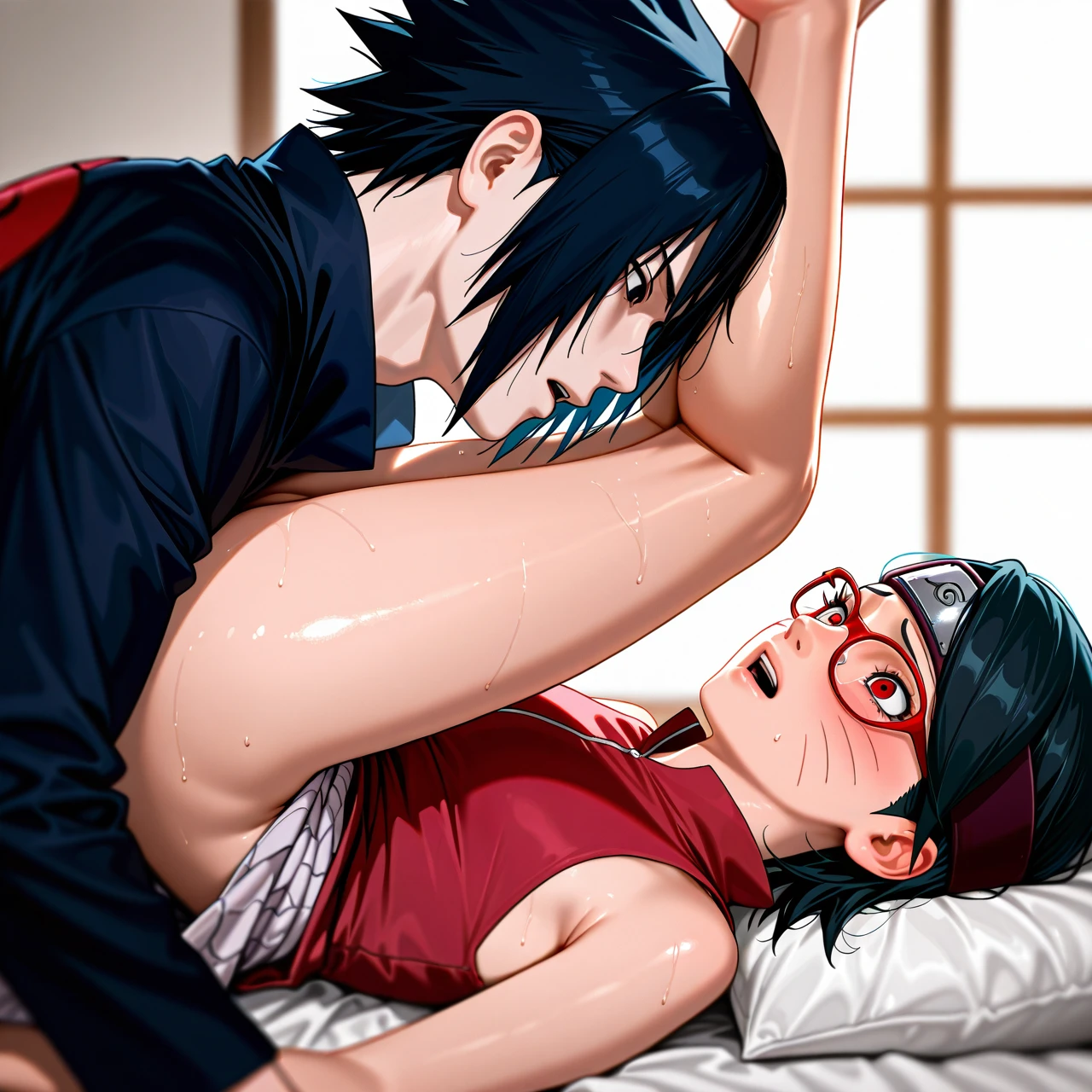 @sarada_uchiha, @uzumaki_naruto, @uchiha_sasuke, sarada (on_back), (legs_up), (panicking)