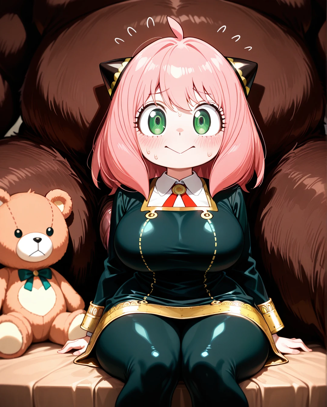 Furry teddy bear, anthro,giant bear penis,(sitting_on_person),@anya ,:>,(nervous) ,(curvy) ,(large_breasts) ,big hips,narrow waist ,