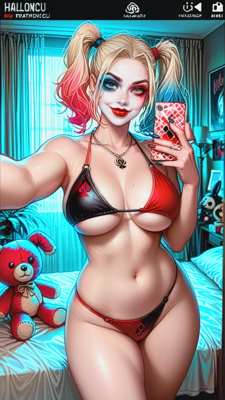 Harley Quinn, beautiful eyes, busty, bikini, underboob, belly, thick thighs, oily skin, bedroom, stuffed animals, selfie, spades symbol necklace,