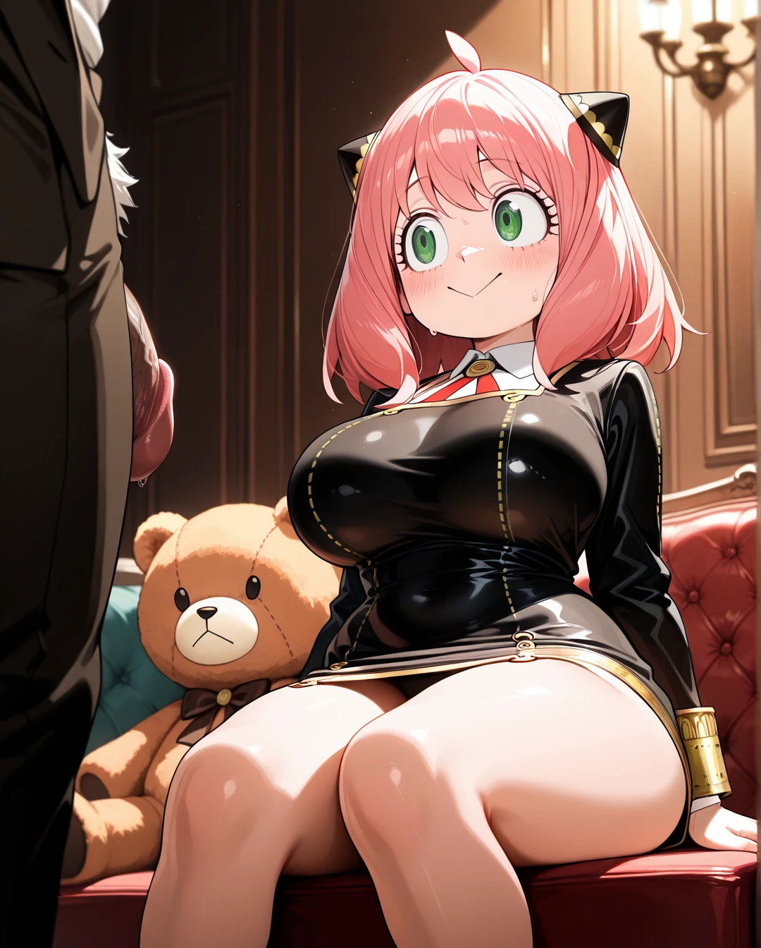 Furry teddy bear, anthro,giant bear penis,(sitting_on_person),@anya ,:>,(nervous) ,(curvy) ,(large_breasts) ,big hips,narrow waist ,