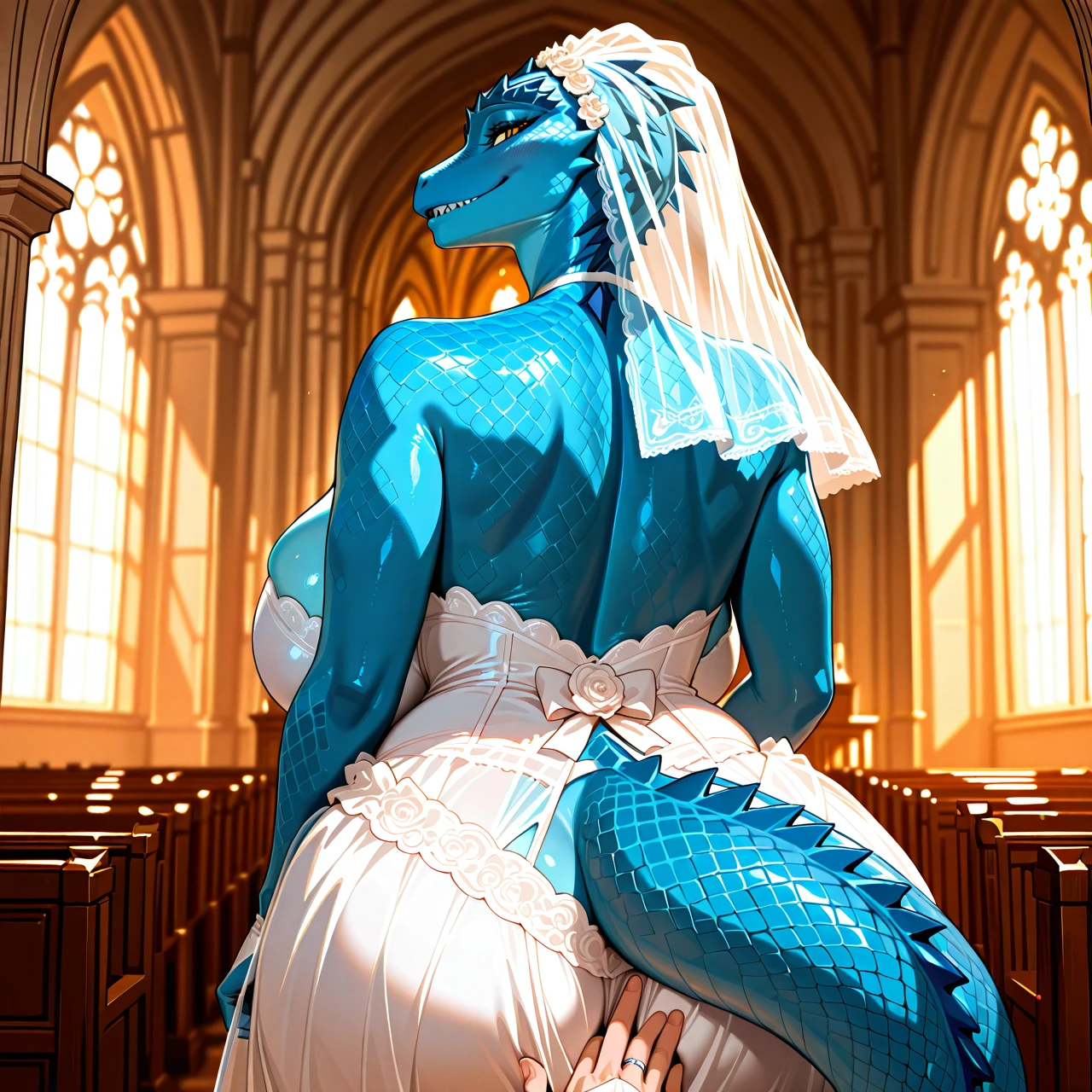 White human male, lizard, blue skin, squama skin, blue scales, curvy figure,  anthro female, church background, Background next to altar, wedding, wedding dress, wedding veil, wedding lingerie, yellow eyes, standing next to each other, wedding ring, huge breasts, huge butt, male pov, romance, romantic couple, kissing, larger female, looking to each other, happy smile, sharp teeth, lizard tail, facing front, facing viewer.