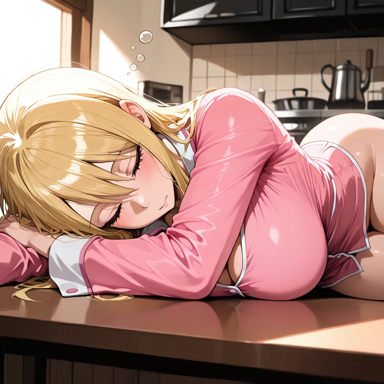 pink pajamas, Noon, no pants, (presenting), in the kitchen, lying  on the table, (sleepy), (huge_breasts), @lucy_heartfilia