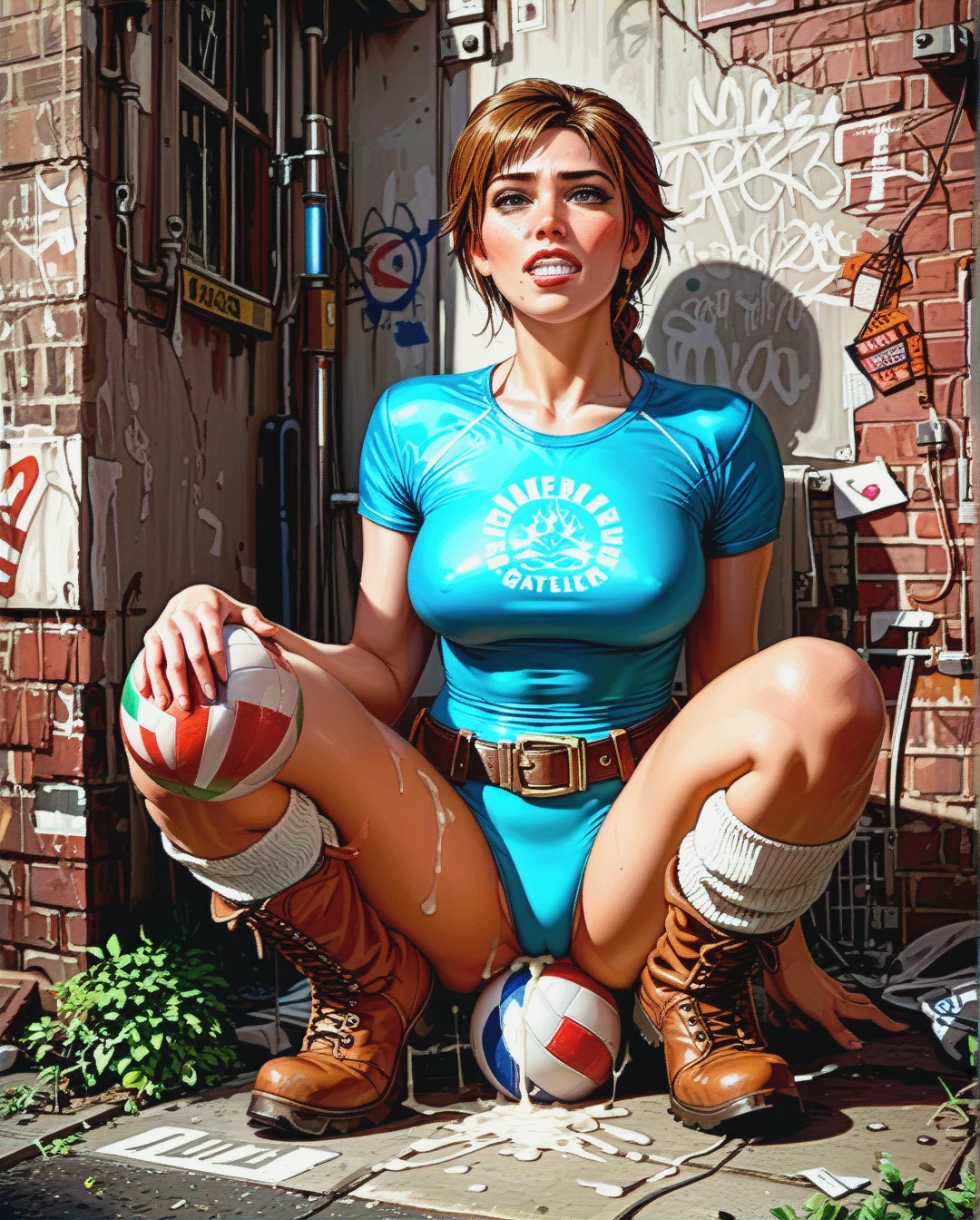 1girl,solo, a girl cowgirl, ball_sucking, cum_on boy, clenching_teeth,perky_tits, uneven_eyes,perky_tits,fat_knees, shirt,leg_warmers,suspender_belt,white_swimsuit,white_boots, hyperrealistic, dark_alley, girl_lara croft, Anna_frozen, dynamic_view