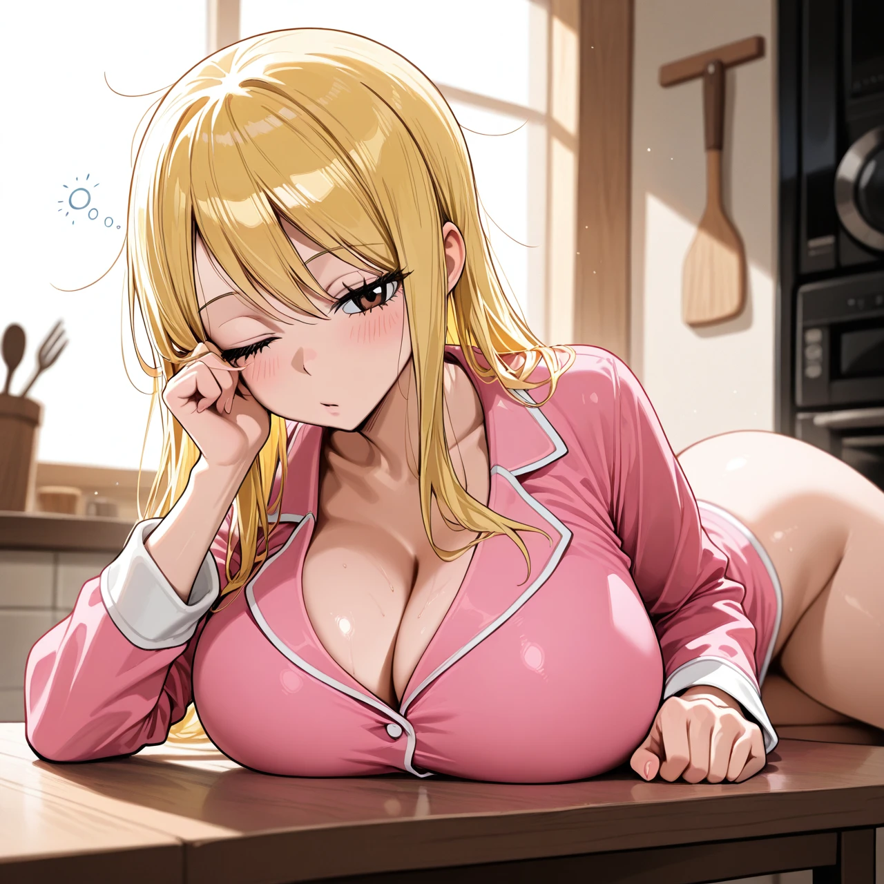 pink pajamas, Noon, no pants, guy (take_your_pick), in the kitchen, lying on the table, (sleepy), (huge_breasts), @lucy_heartfilia