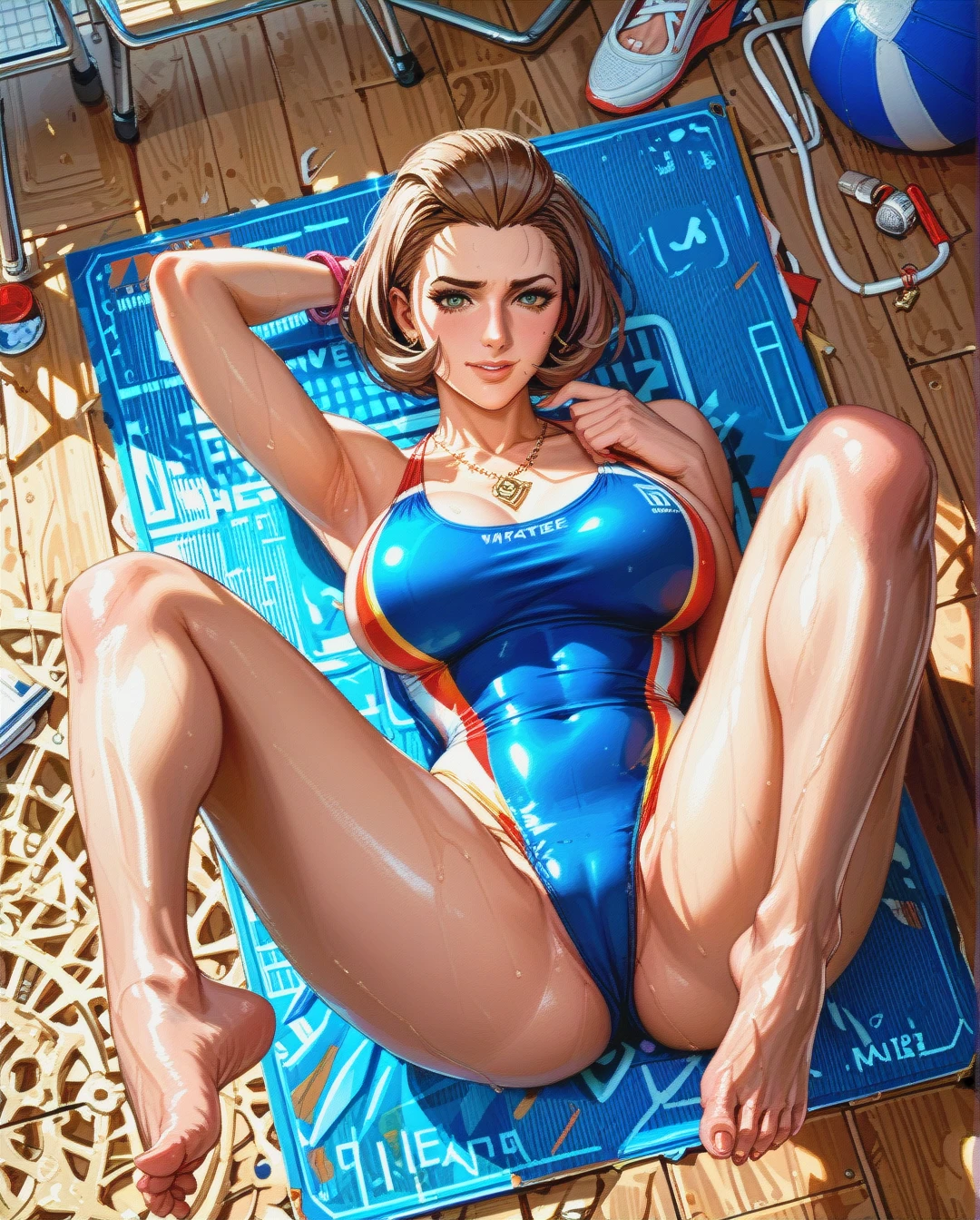 teacher is lying on her back , (on_back) , (legs_up) ,  ,teacher, (large_breasts)  , @manuela, , masterpiece , swimsuit, (light_smile), feet, , (embarrassed) , (spread_legs) , sport_swimsuit, , feet, blue_swimsuit ,