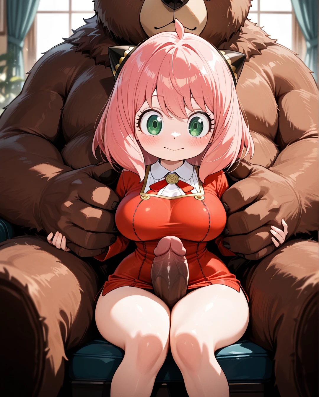 (teddy_bear_sex) , furry teddy bear, giant bear penis,carry,@anya ,(looking_afar) ,(sitting) ,(large_breasts) ,big hips,narrow waist,(curvy) ,