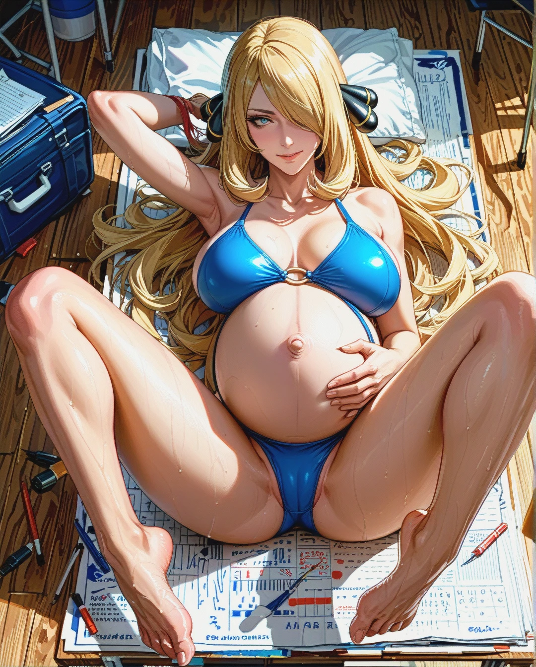 teacher is lying on her back , (on_back) , (legs_up) ,  ,teacher, (large_breasts)  , @cynthia, , masterpiece , swimsuit, (light_smile), feet, , (embarrassed) , (spread_legs) , sport_swimsuit, , feet, blue_swimsuit, (pregnant) ,