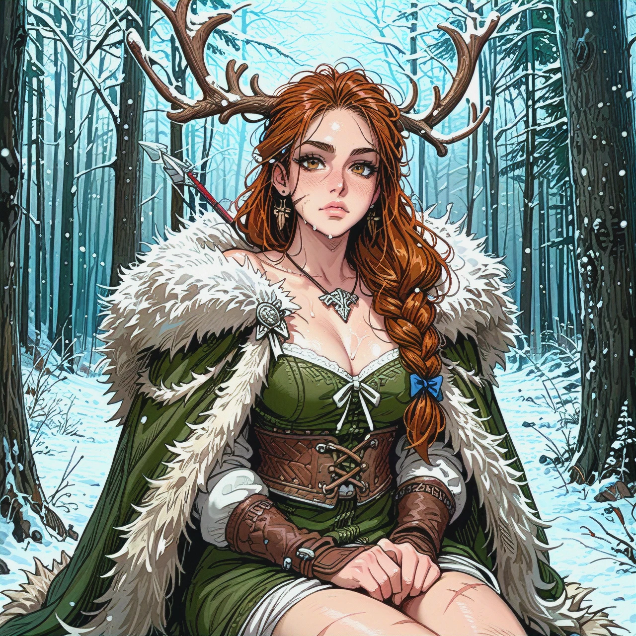 Viking girl, girl with brown hair, runes in hair, scars on face, warrior girl. with bow and arrows, bowstring pulled, fur cape on shoulders, to waist, closed clothes, winter, cold, forest, snowy forest, girl hunting, girl sitting behind tree