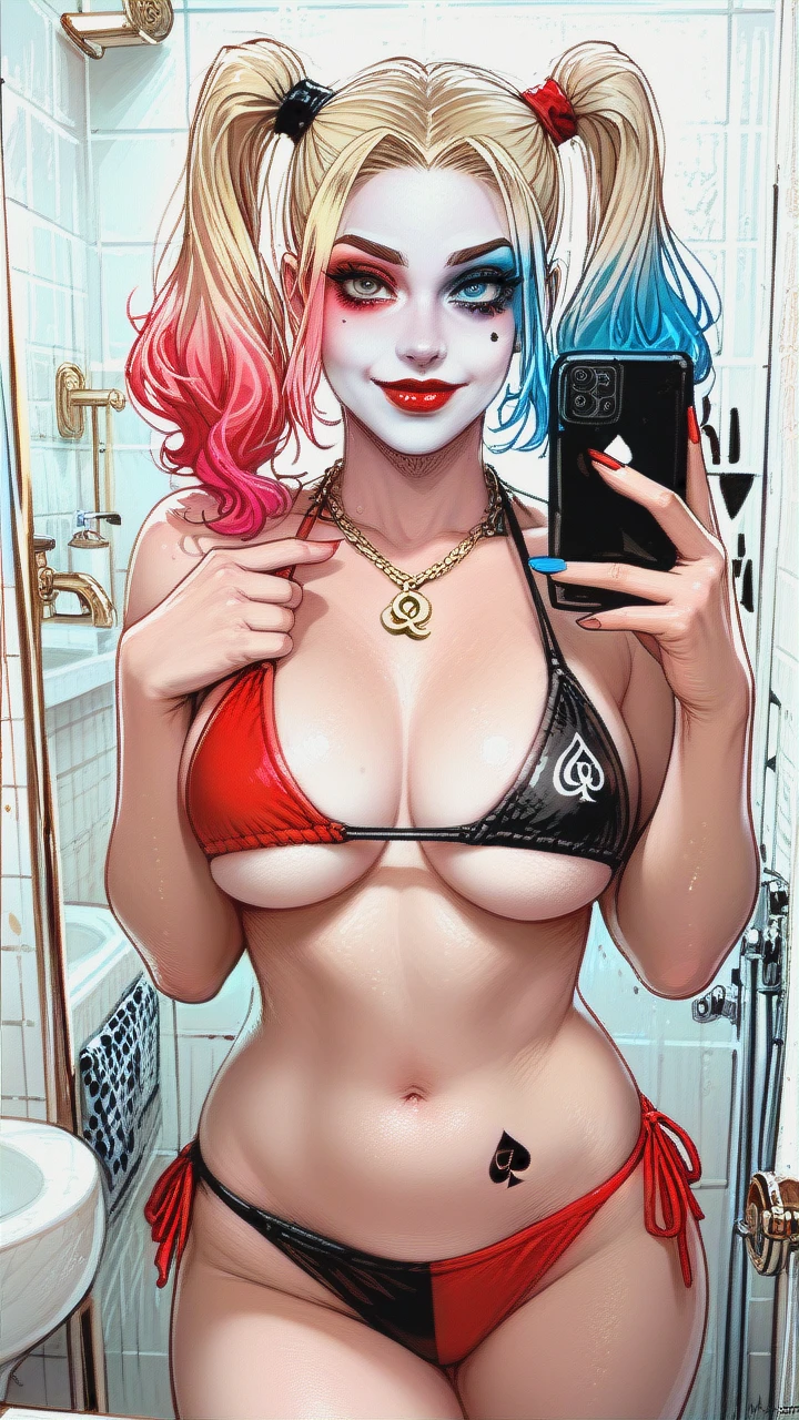 Harley Quinn, beautiful eyes, busty, bikini, underboob, belly, oily skin, bathroom, selfie, spades symbol necklace