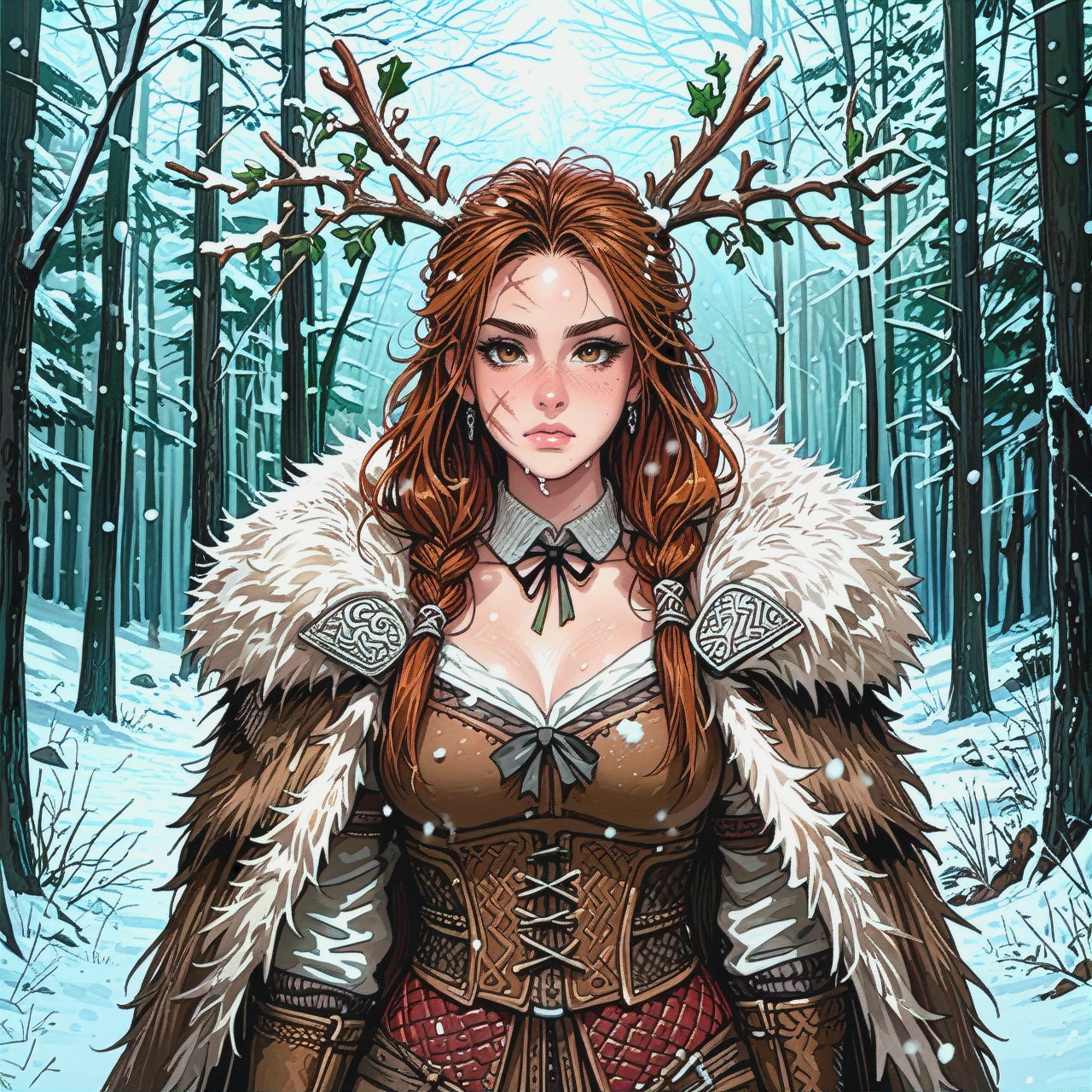 Viking girl, girl with brown hair, runes in hair, scars on face, warrior girl. with bow and arrows, bowstring pulled, fur cape on shoulders, to waist, closed clothes, winter, cold, forest, snowy forest, girl on hunt