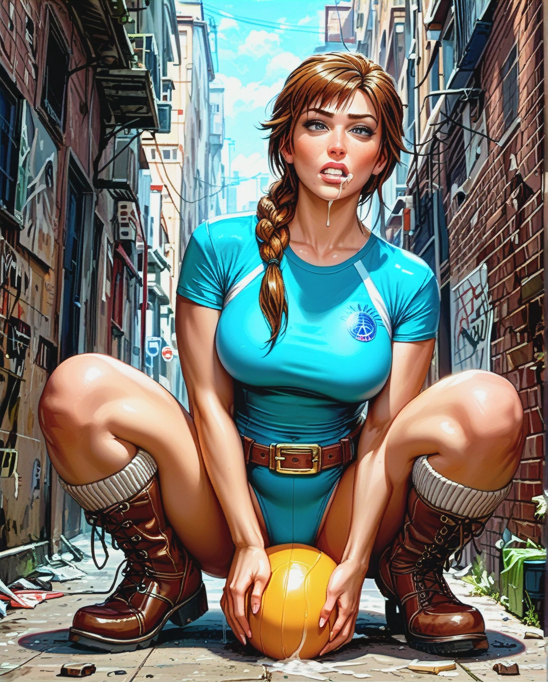 1girl,solo, a girl cowgirl, ball_sucking, cum_on boy, clenching_teeth,perky_tits, uneven_eyes,perky_tits,fat_knees, shirt,leg_warmers,suspender_belt,white_swimsuit,white_boots, hyperrealistic, dark_alley, girl_lara croft, Anna_frozen, dynamic_view