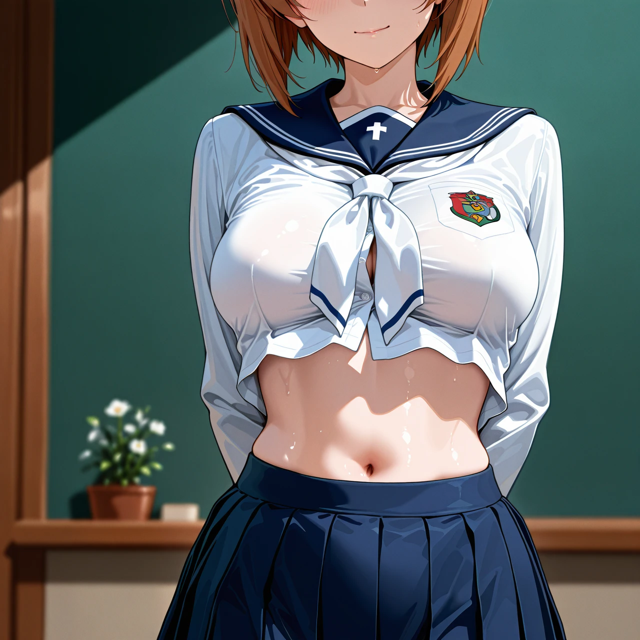 @nishizumi_miho oorai school uniform,green,skirt,taut uniform,unbuttoned,navel and breasts exposed,flower hairclip,princess carry,anal, classmate,in uniform,dormitory