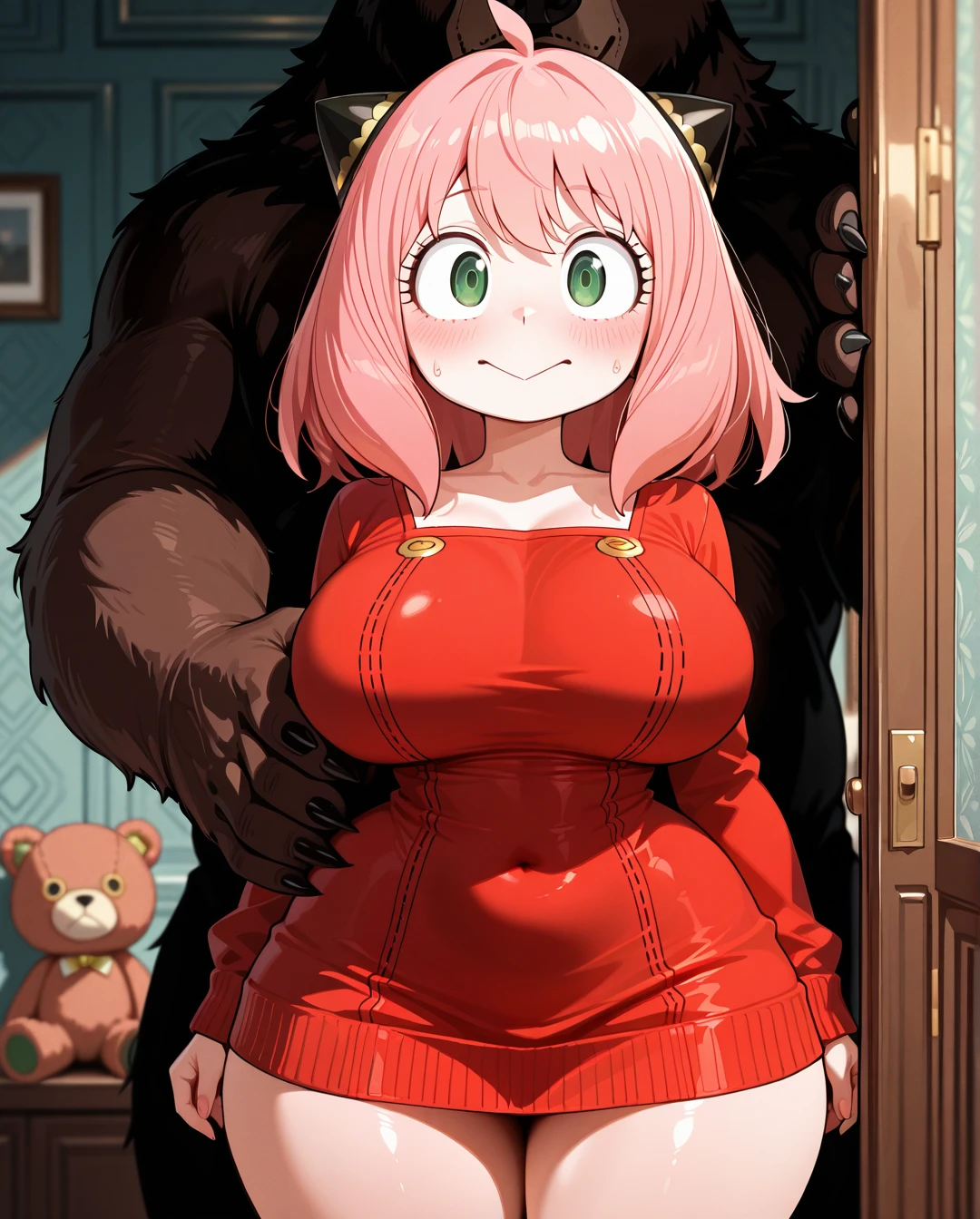 Furry, anthropomorphic teddy bear, anthro,giant bear penis,(molestation),@anya ,:>,(nervous) ,(curvy) ,(large_breasts) ,big hips,narrow waist ,