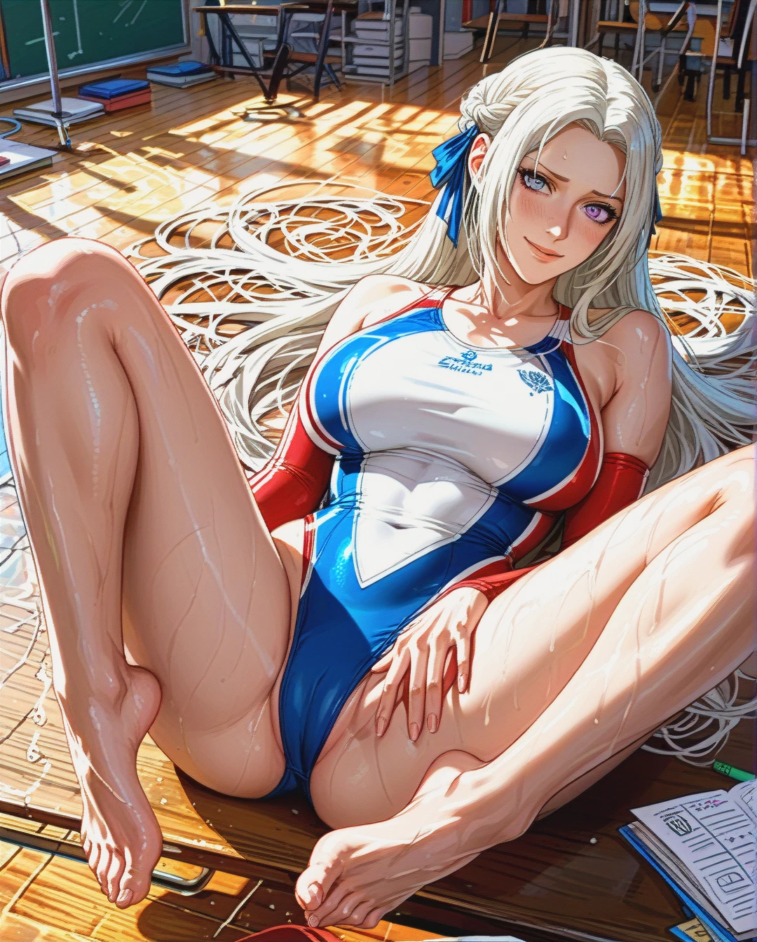 teacher is lying on her back , (on_back) , (legs_up) ,  ,teacher, (large_breasts)  , @edelgard_von_hresvelg, , masterpiece , swimsuit, (light_smile), feet, , (embarrassed) , (spread_legs) , sport_swimsuit, , feet, blue_swimsuit ,