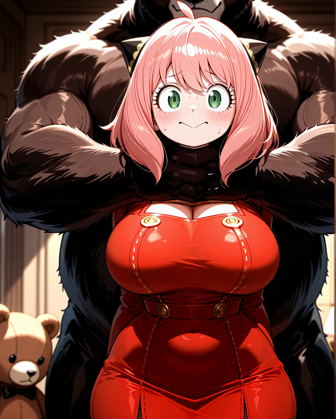 Furry,teddy bear, anthropomorphic teddy bear, anthro,giant bear penis,(strangling),@anya ,:>,(nervous) ,(curvy) ,(large_breasts) ,big hips,narrow waist ,