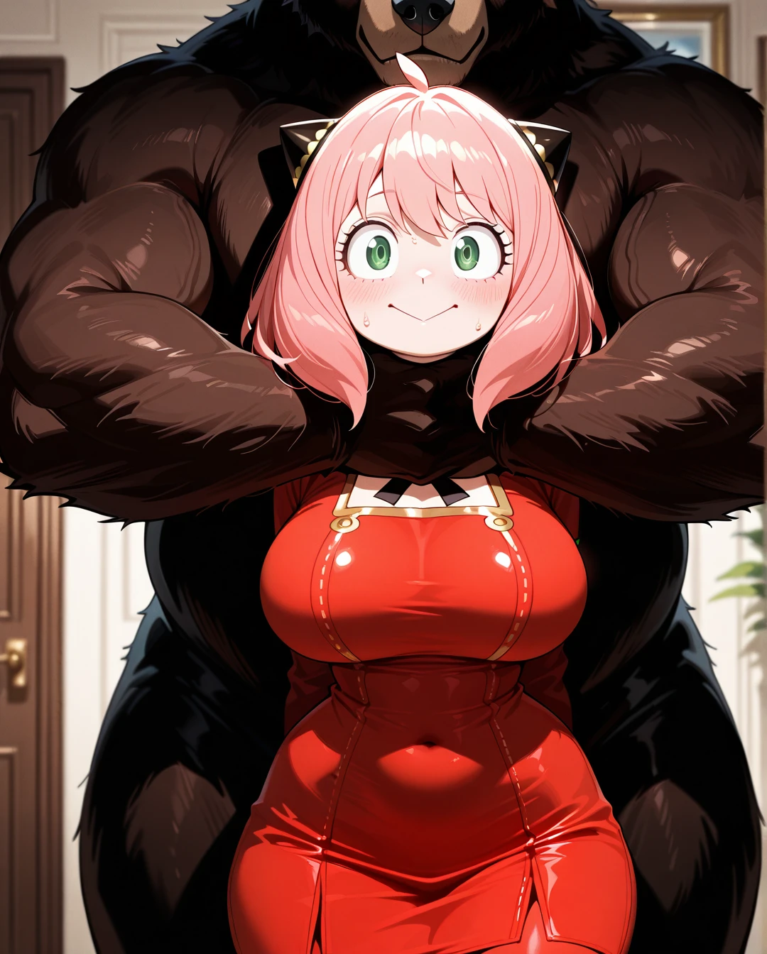 Furry, anthropomorphic teddy bear, anthro,giant bear penis,(strangling),@anya ,:>,(nervous) ,(curvy) ,(large_breasts) ,big hips,narrow waist ,