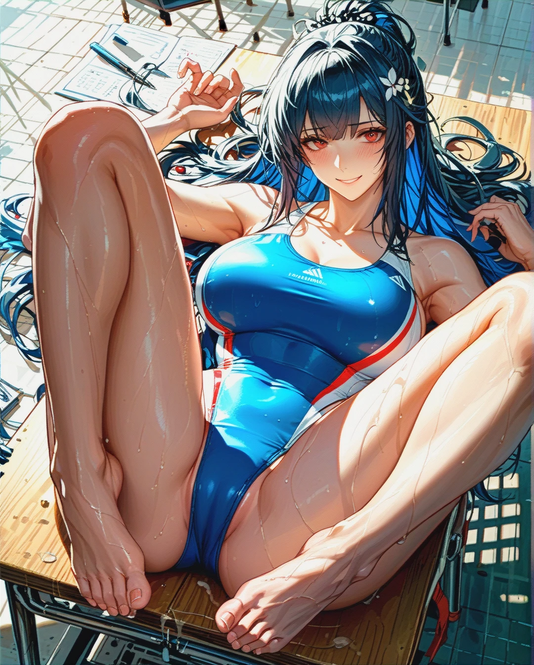 teacher is lying on her back , (on_back) , (legs_up) ,  ,teacher, (large_breasts)  , @dusk, , masterpiece , swimsuit, (light_smile), feet, , (embarrassed) , (spread_legs) , sport_swimsuit, , feet, blue_swimsuit,