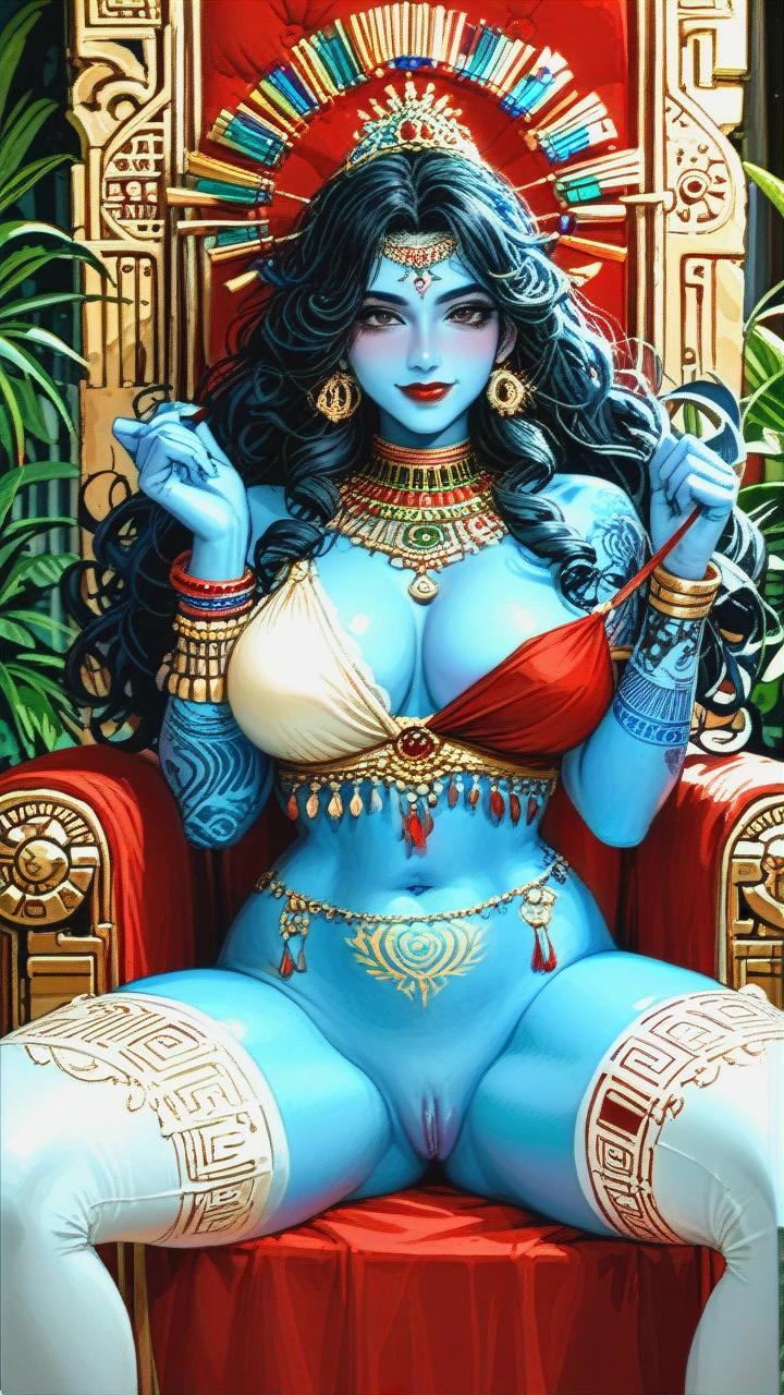 Indian, Hindu, Goddess, Cute, beautiful black eyes, blue skin, crown, ornaments, nude, kind, smile, (curvy), white stockings, big boobs, long black curly hair, looking at viewer, peacock feathers on hair, hair bangs, earings, thicc thighs, green pubic, mascular arms, Dark Red (lipstick), bracelets, virgin, (spread_legs), (naughty_face), blushing, wild hair, sitting on a throne, (one_breast_out), happy, tight pussy, hands up, pleasure, midriff, tattoos, sleevless, pelvis tattoos, pussy tattooed, removing bra, pelvic tattoos,