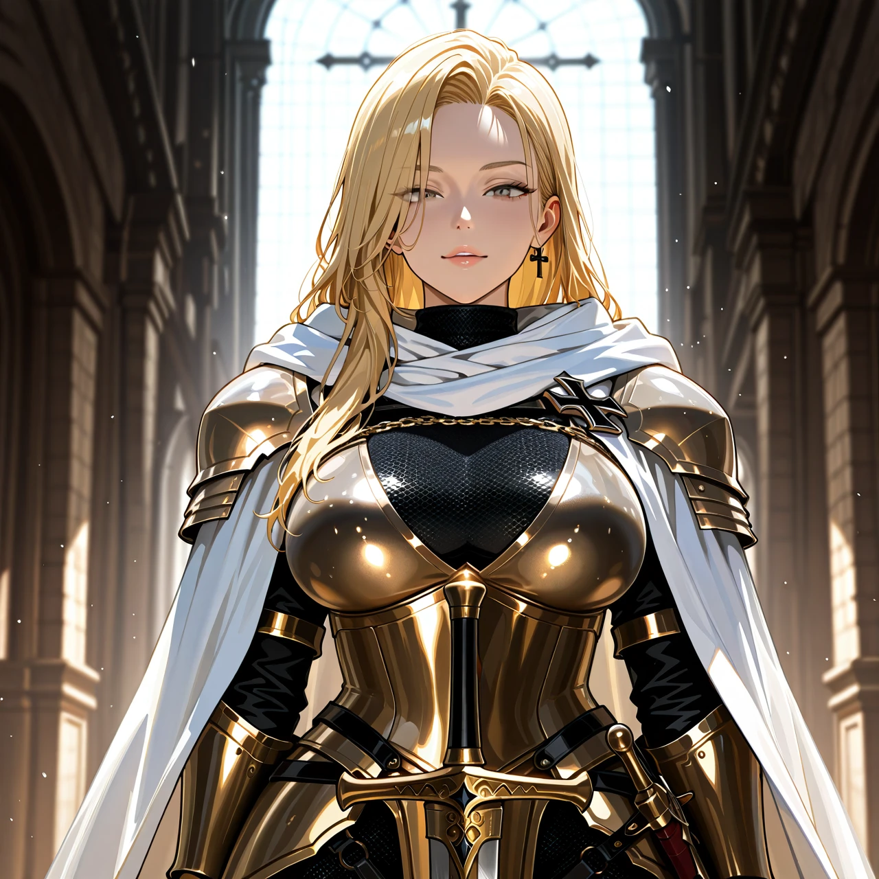 An incredibly beautiful 24-year-old German crusader woman with blonde hair, sharp gray eyes, an incredibly beautiful face, a slender and athletic hourglass figure, elastic big breasts. She always has a cold and calm look and appearance. She is wearing knight's armor, a chain mail covering her entire body, a white cloak with a black cross, and a scabbard containing a large and long sword.