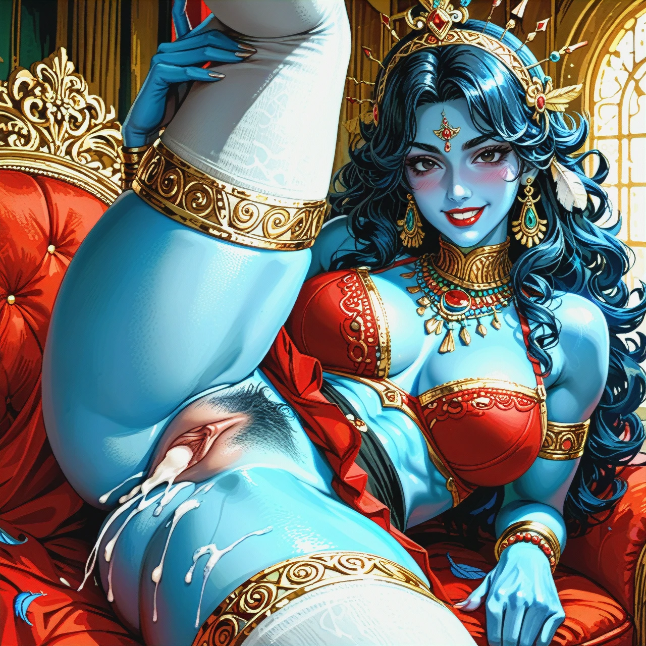 Indian, Goddess, Cute, beautiful black eyes, blue skin, crown, ornaments, nude, kind, smile, (curvy), white stockings, big perky boobs, long black curly hair, looking at viewer, teeth, peacock feather on hair, hair bangs, earings, thicc thighs, gold around pussy, golden pubic hair, mascular arms, dark red (lipstick), bracelets, virgin, (crotch_rub), red bra, (skirt_lift), (naughty_face), (close-up), blushing, wild,indian god,muscular, (leg_lift),vaginal,creampie