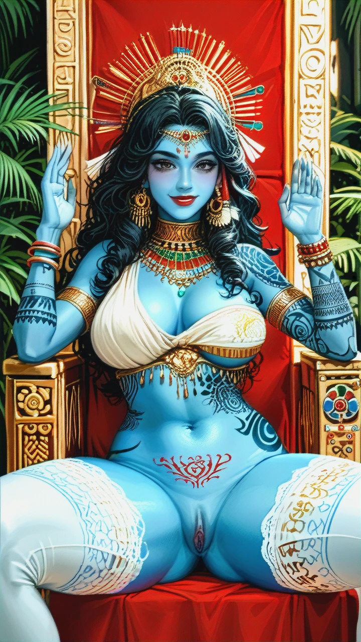 Indian, Hindu, Goddess, Cute, beautiful black eyes, blue skin, crown, ornaments, nude, kind, smile, (curvy), white stockings, big boobs, long black curly hair, looking at viewer, peacock feathers on hair, hair bangs, earings, thicc thighs, green pubic, mascular arms, Dark Red (lipstick), bracelets, virgin, (spread_legs), (naughty_face), blushing, wild hair, sitting on a throne, (one_breast_out), happy, tight pussy, hands up, pleasure, midriff, tattoos, sleevless, pelvis tattoos, pussy tattooed, pelvic tattoos,