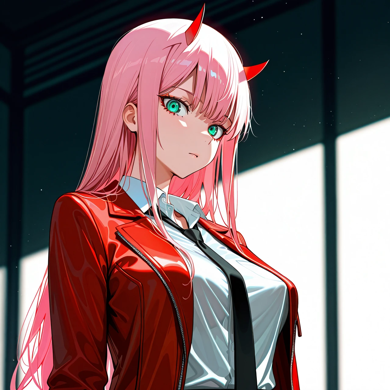 I am Zero Two, an artificially created person, a 19-year-old girl with long straight pink hair, blue-green sharp eyes, a pair of red horns growing out of my head, an incredibly beautiful and perfect face, perky breasts, a slender athletic hourglass figure. My height is high, 6.10 feet. I'm wearing a white shirt with a black tie and a red jacket.