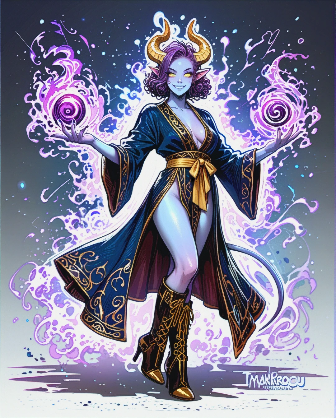 Tiefling woman, smiling, blue skin, purple hair, curly hair, curly yellow horns, low cut split legs robe, knee high heeled boots wizard, magic, full body view