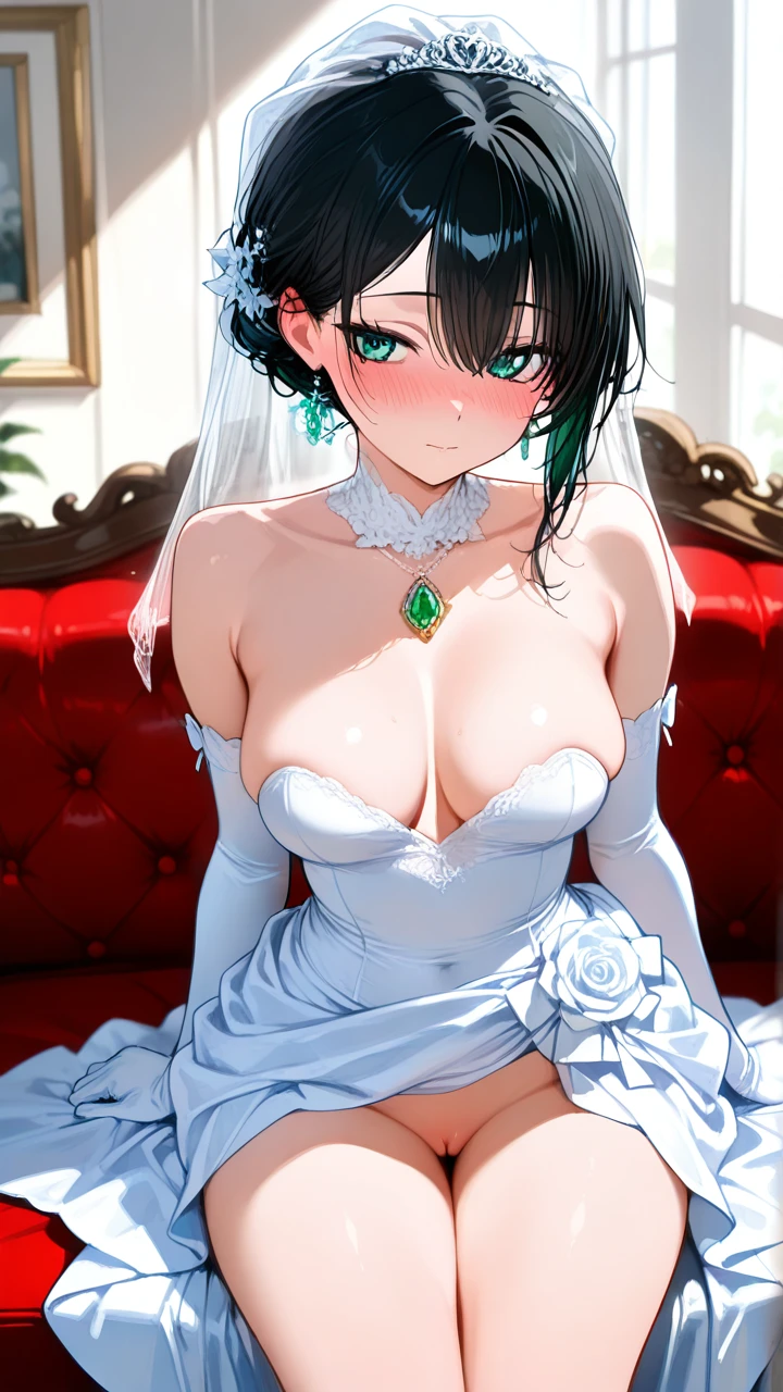 2 girl, Beautiful and cute girl, Black hair, green gem eyes, wearing a wedding dress, (medium_breasts) (full_body) show her pussy (shy) (full_blush) Sitting on the sofa (breasts_out)