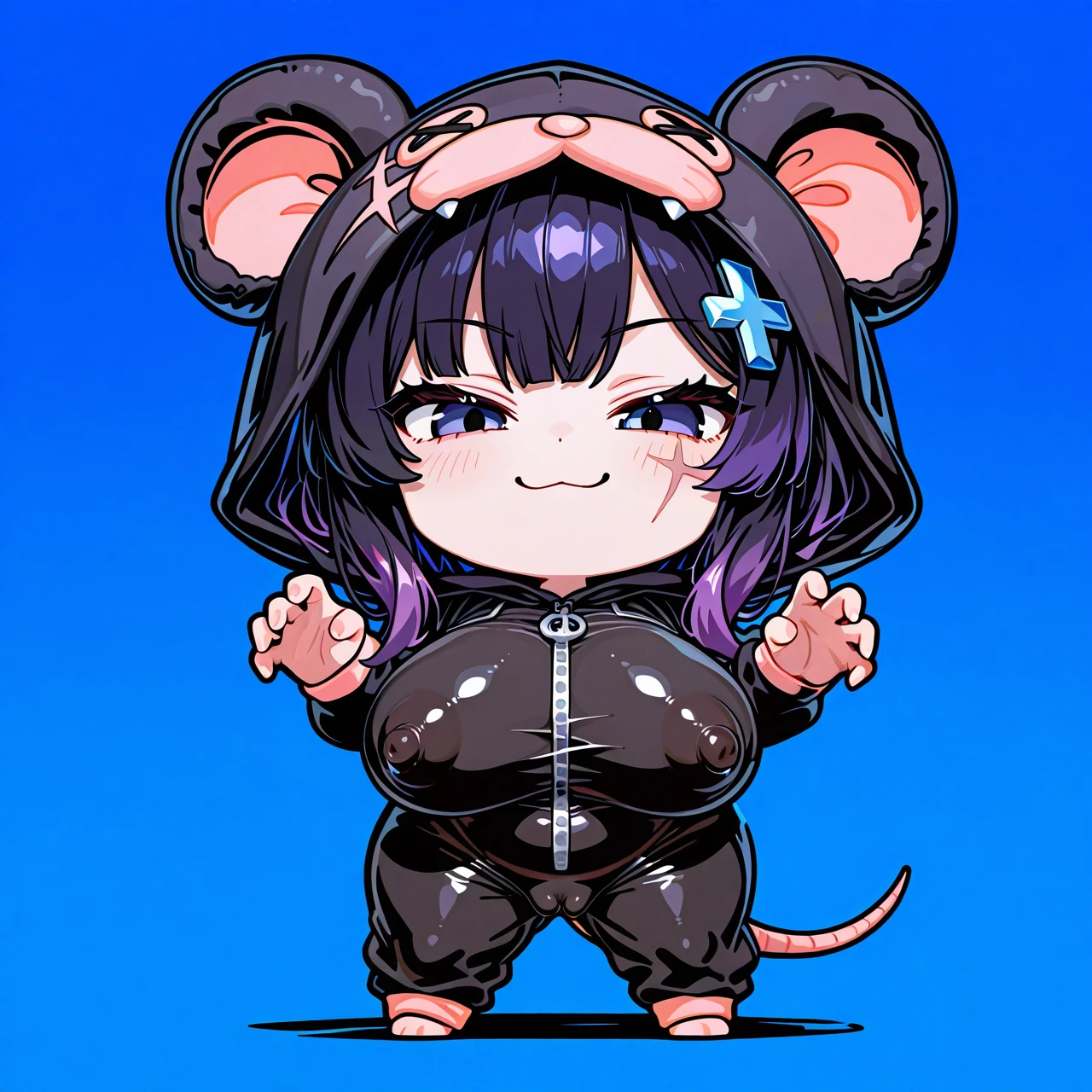 (blue background) +(black outline) +(full body) +(chibi girl) +(solo) +(standing) +(smug) +(:3) +(claw pose) +(rat onesie) +(hood up) +(covered nipples) +(long nipples under clothes) +(huge nipple bulge) +(cross hair ornament) +(black hair) +(purple hair tips) +(scar on face) +(huge breasts) +(stick nipples) +(cameltoe)