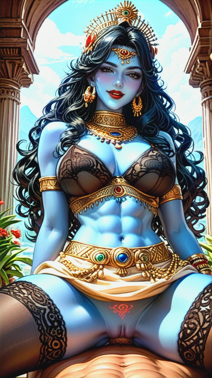 Indian, Hindu, Goddess, Cute, beautiful black eyes, blue skin, crown, ornaments, kind, (curvy), black stockings, big perky boobs, long black curly hair, looking at viewer, peacock feathers on hair, hair bangs, earings, thicc thighs, mascular forearms, Dark Red (lipstick), bracelets, virgin, (naughty_face), wild hair, puffy innier slit pussy, pleasure, midriff, broad shoulders, abs, (spread_legs), happy, blushing, sex with viewer, woman on top, gold kamarband, (tongue), see through black bra, (legs_up), glowing crotch tattoo, flower in one hand, one hand palm showing to viewer, slit panty, (skirt_lift),