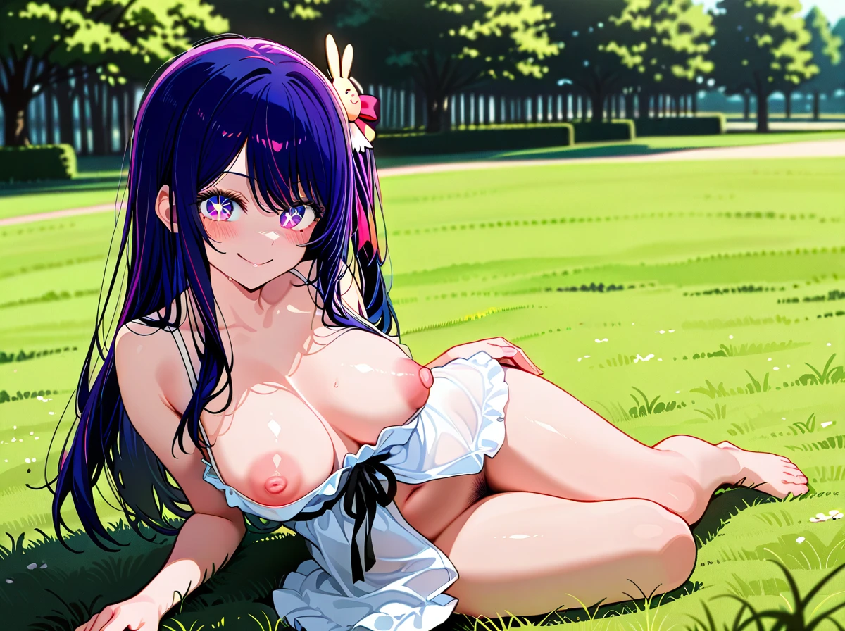 @hoshino_ai, (smile) , full body showing, , light pink  mini nightdress,   , pubic hair , (puffy_nipples), (yokozuwari)  ,  (areola_slip) , , grass, park ,