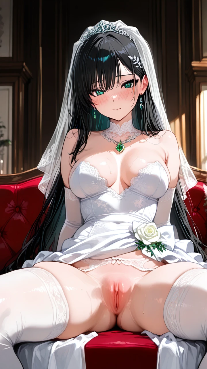 2 girl, Beautiful and cute girl, Black hair, green gem eyes, wearing a wedding dress, (medium_breasts) (full_body) show her pussy (shy) (full_blush) Sitting on the sofa