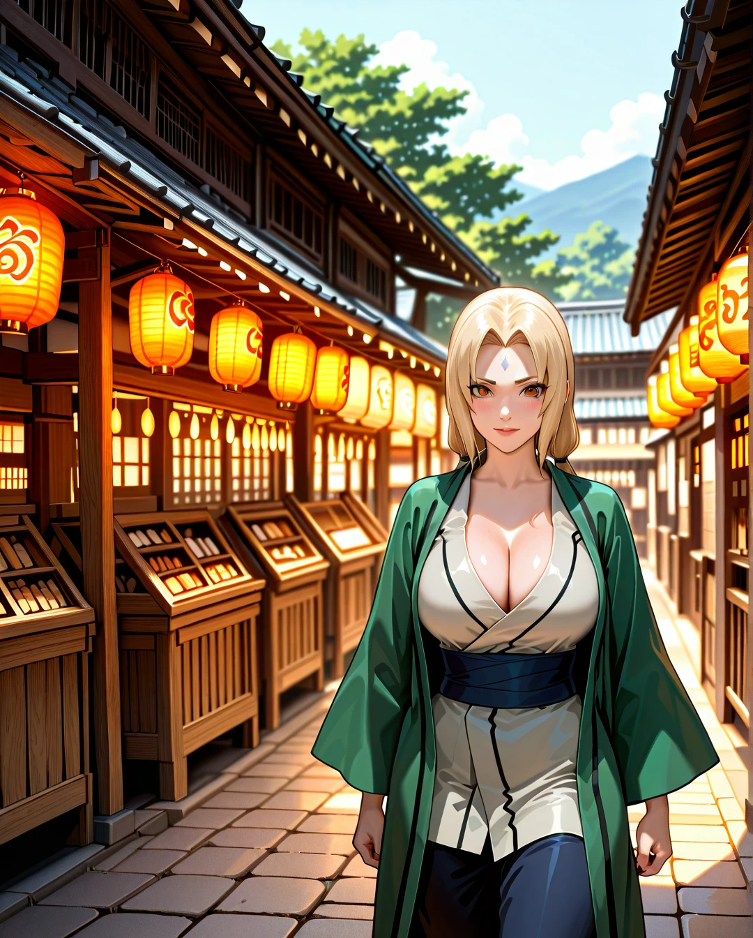 A woman, traditional Japanese village, narrow streets, wooden houses with tiled roofs, paper lanterns, sakura trees, market stalls, lush greenery, inspired by Naruto, Konoha village, highly detailed, fantasy townscape. (walking). @tsunade