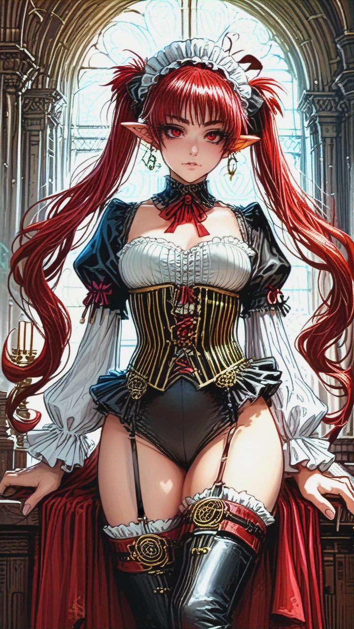 (otoko_no_ko) white_hair long_hair big_twin_ponytails (red_eyes) white_eyelashes pointy_ears steampunk_clothes (bustier) thigh_high_boots garter_straps frilled_headband pants puffed_sleeves big_penis_bulge slim_legs black_shirt teenager penis erection