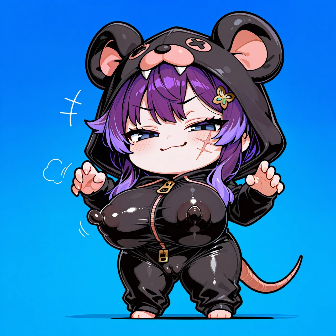 (blue background) +(black outline) +(full body) +(chibi girl) +(solo) +(standing) +(smug) +(:3) +(claw pose) +(rat onesie) +(hood up) +(covered nipples) +(long nipples under clothes) +(nipple bulge) +(hair ornament) +(black hair) +(purple hair tips) +(scar on face) +(huge breasts) +(stick nipples) +(cameltoe)