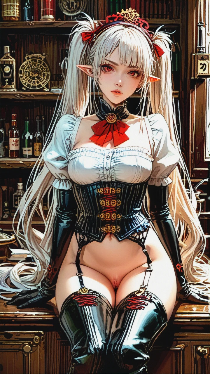 (otoko_no_ko) white_hair long_hair big_twin_ponytails (red_eyes) white_eyelashes pointy_ears steampunk_clothes (bustier) thigh_high_boots garter_straps frilled_headband pants puffed_sleeves big_penis_bulge slim_legs black_shirt teenager penis erection