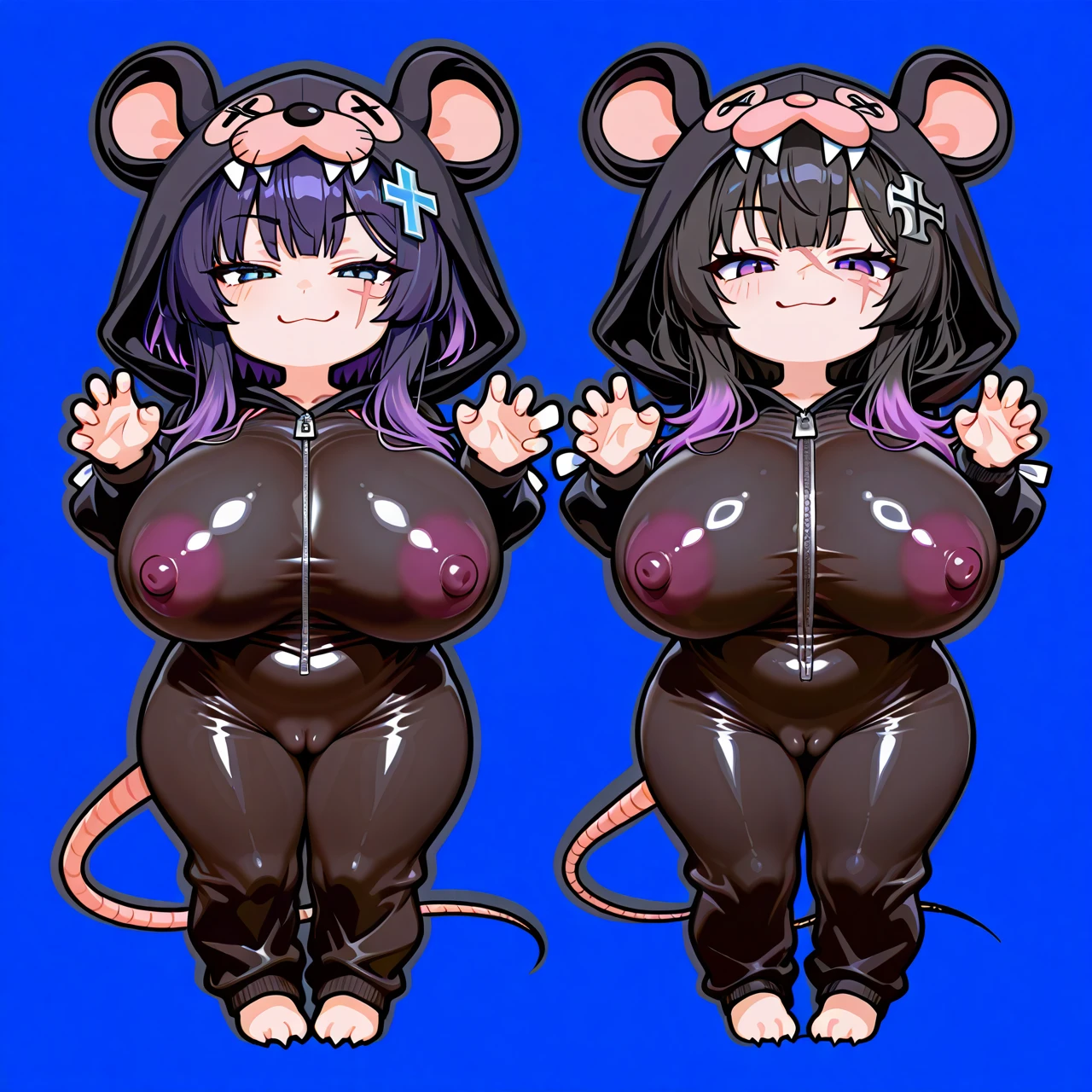 (blue background) +(black outline) +(full body) +(chibi girl) +(solo) +(standing) +(smug) +(:3) +(claw pose) +(rat onesie) +(hood up) +(covered nipples) +(long nipples under clothes) +(erect nipples) +(cross hair ornament) +(black hair) +(purple hair tips) +(scar on face) +(huge breasts) +(stick nipples) +(cameltoe)