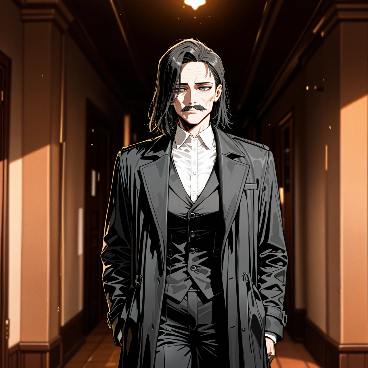 I am Nikolai Gogol, a 30-year-old man of average height with thick dark hair styled in a neat haircut a la moujik to the ears, dark expressive moustache. My face is oval with high cheekbones and expressive features, and my eyes are dark. My build is slim, and my average height is 5.55 feet. I am wearing a white shirt, a black vest, a black long coat, black trousers. I often look thoughtful. (standing)