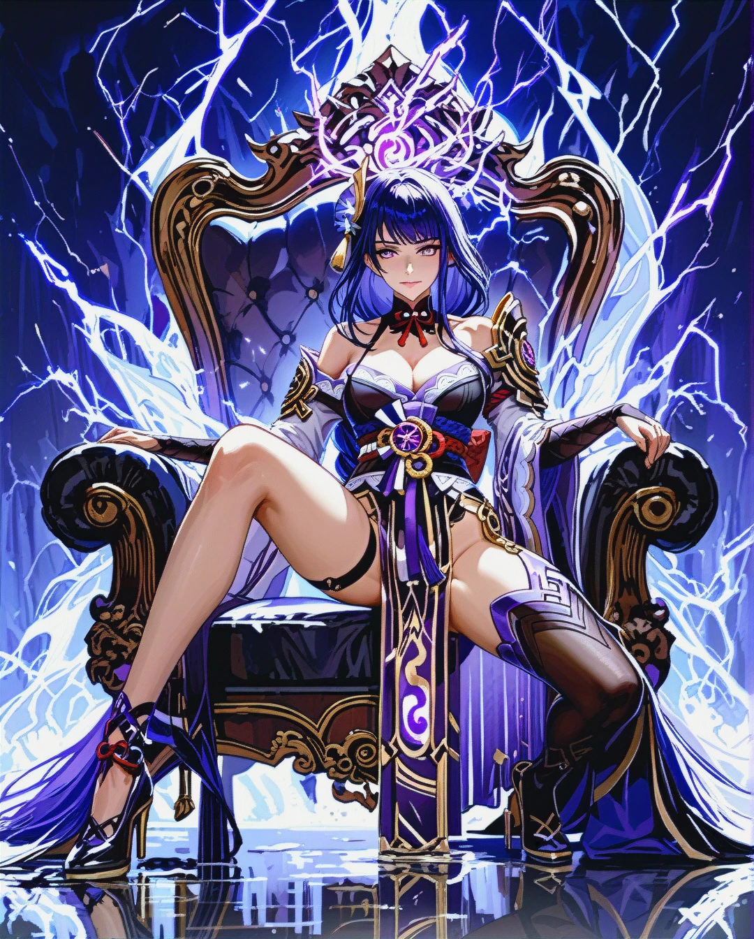 Raiden Shogun from Genshin Impact, anime style, in a Jack-o' pose, wearing her iconic Electro outfit, one leg raised gracefully on a throne, long purple hair flowing naturally, confident and elegant stance, subtle smirk, glowing purple eyes, sword resting beside her, dark elegant background with a hint of lightning, poised and powerful