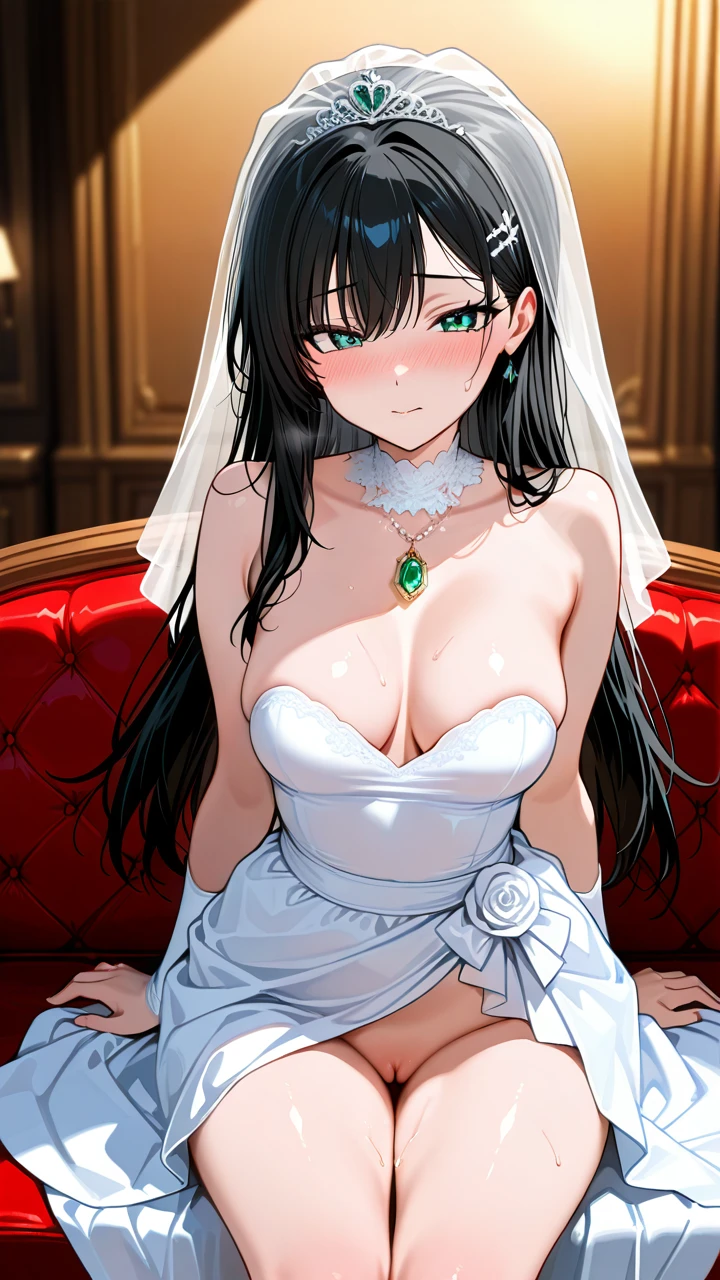 2 girl, Beautiful and cute girl, Black hair, green gem eyes, wearing a wedding dress, (medium_breasts) (full_body) show her pussy (shy) (full_blush) Sitting on the sofa, Showing her breasts. Forced sex, CowGirl