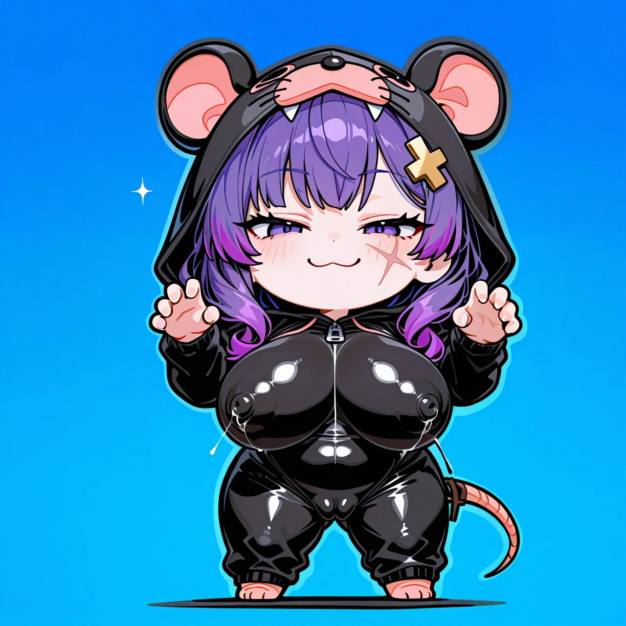 (blue background) +(black outline) +(full body) +(chibi girl) +(solo) +(standing) +(smug) +(:3) +(claw pose) +(rat onesie) +(hood up) +(covered nipples) +(nipple bulge) +(erect nipples) +(cross hair ornament) +(black hair) +(purple hair tips) +(scar on face) +(huge breasts) +(stick nipples) +(cameltoe)