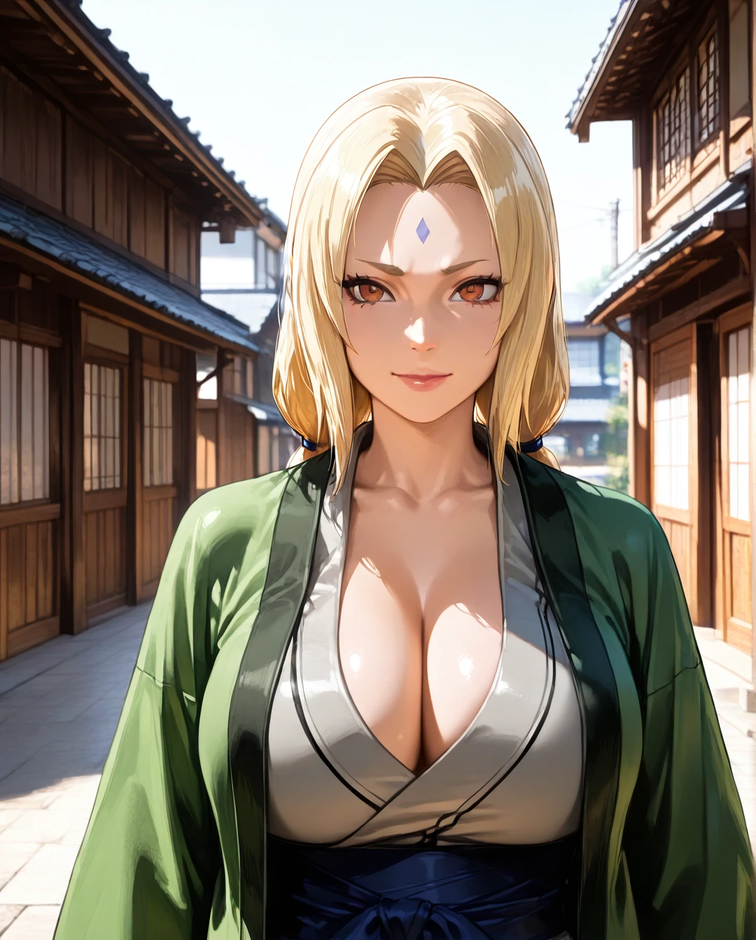 1girl, Konoha village streets, pedestrians. @tsunade