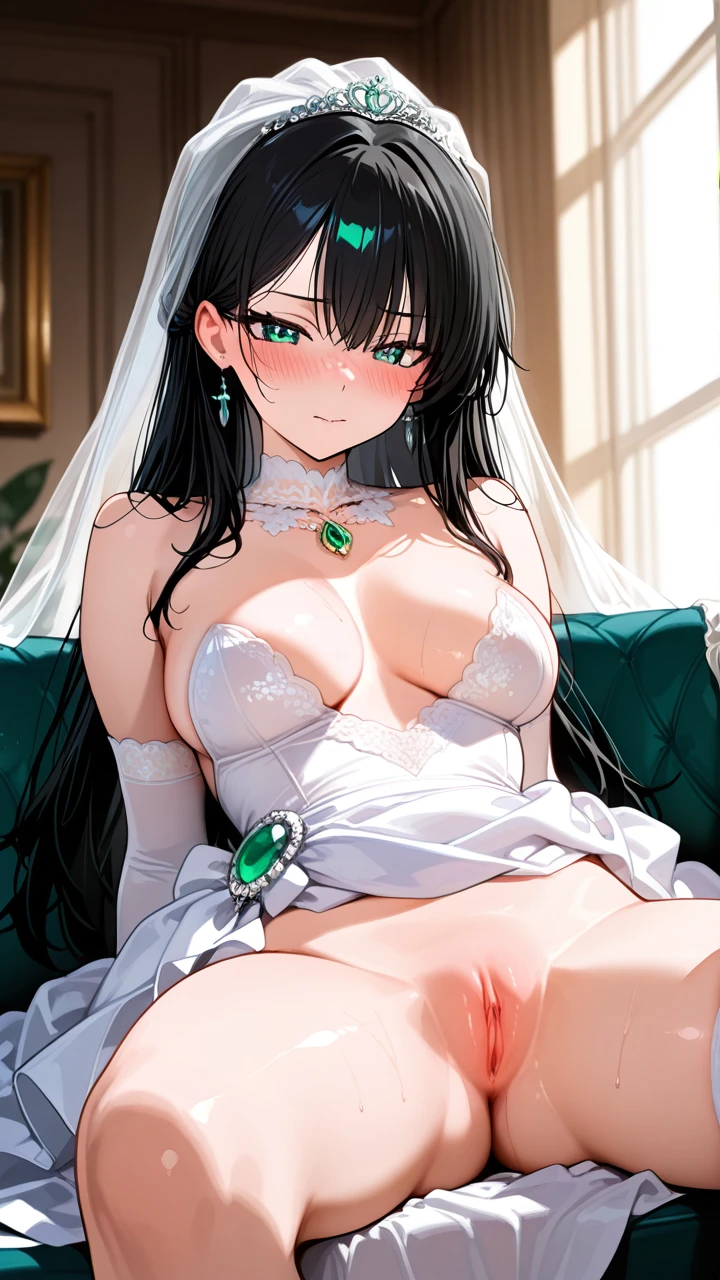 2 girl, Beautiful and cute girl, Black hair, green gem eyes, wearing a wedding dress, (medium_breasts) (full_body) show her pussy (shy) (full_blush) Sitting on the sofa, Showing her breasts.