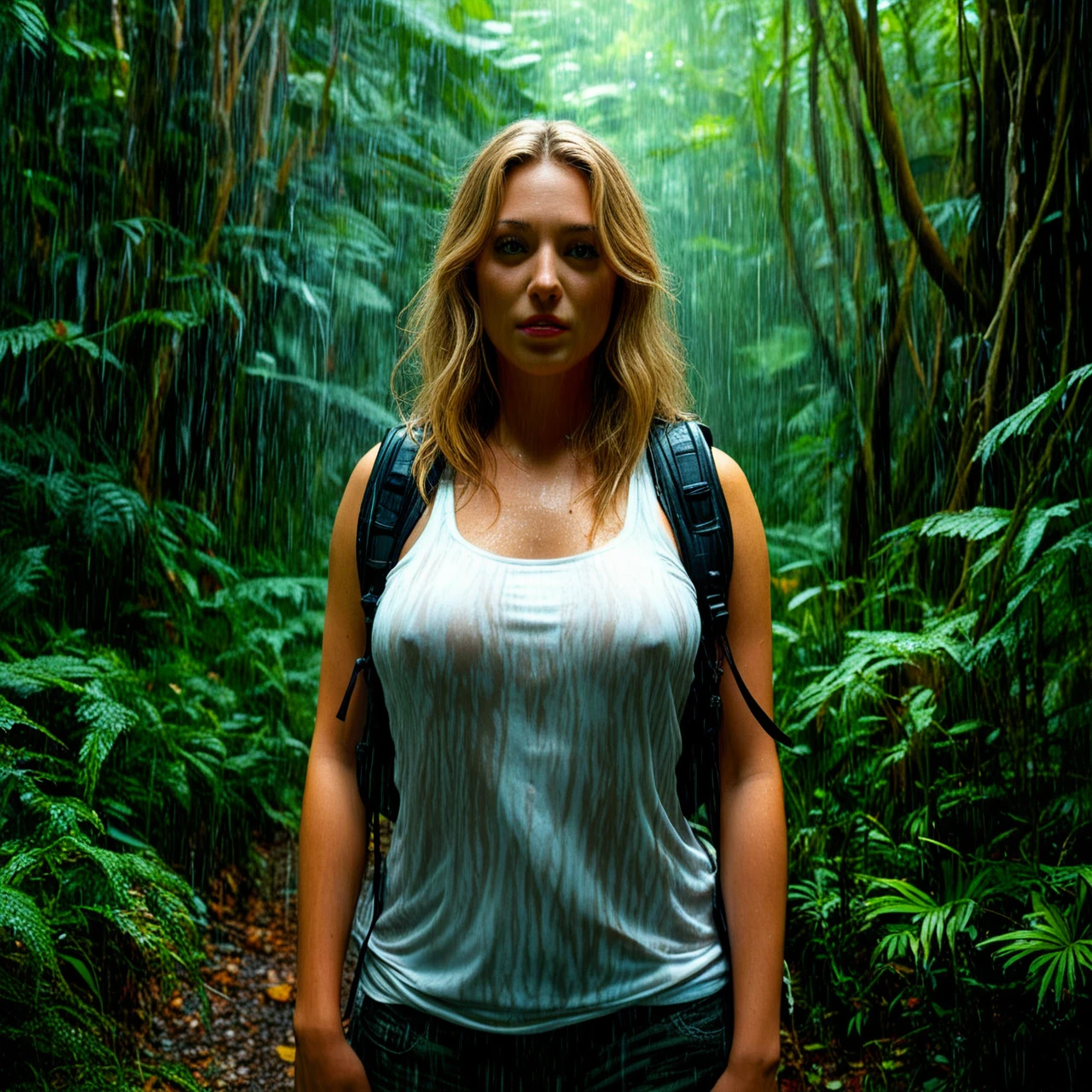 Kate Upton is standing in the jungle wearing see though panty's and holding a backpack, it is raining heavily