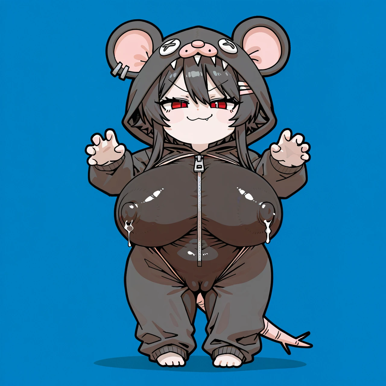 (pantsu ripper) +(blue background) +(black outline) +(full body) +(chibi girl) +(solo) +(standing) +(smug) +(:3) +(claw pose) +(rat onesie) +(hood up) +(covered nipples) +(hyper long nipples under clothes) +(nipple bulge) +(huge breasts) +(stick nipples) +(cameltoe)