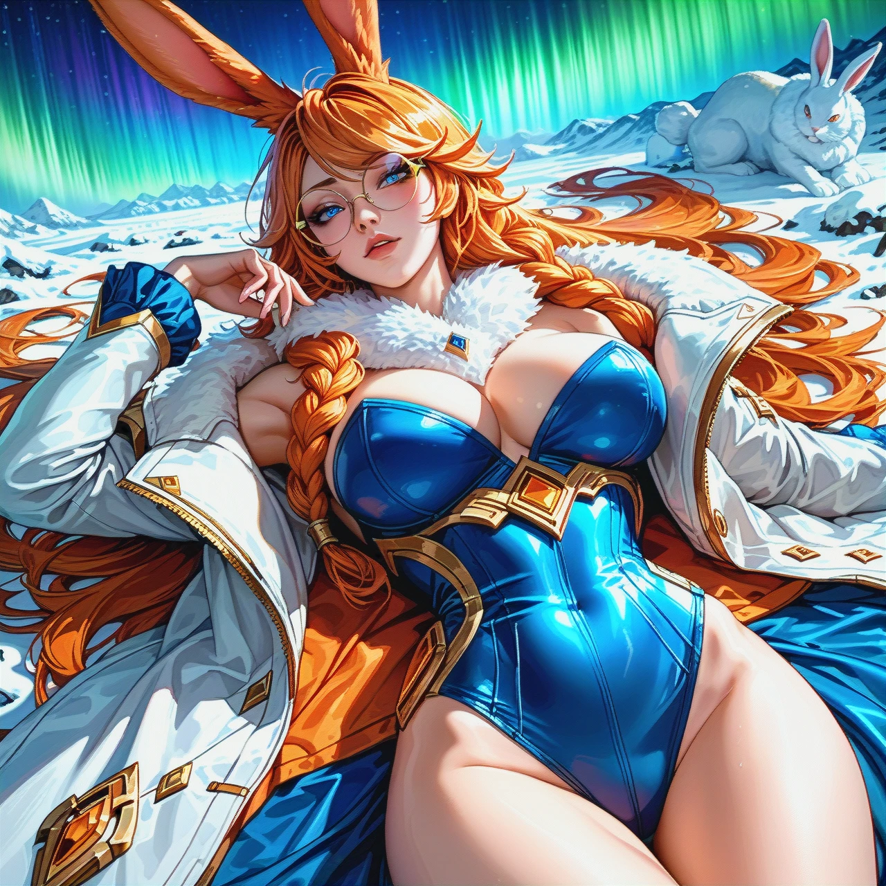 @Aurora_(league of legends) , orange ears , orange tail , blue eyes , orange hair , big breasts ,  rabbit tail , rabbit ears ,  rabbit girls , tow pigtail , white jacket with a fur collar  , orange ears, orange tail , round glasses , on back , half-closed eyes ,