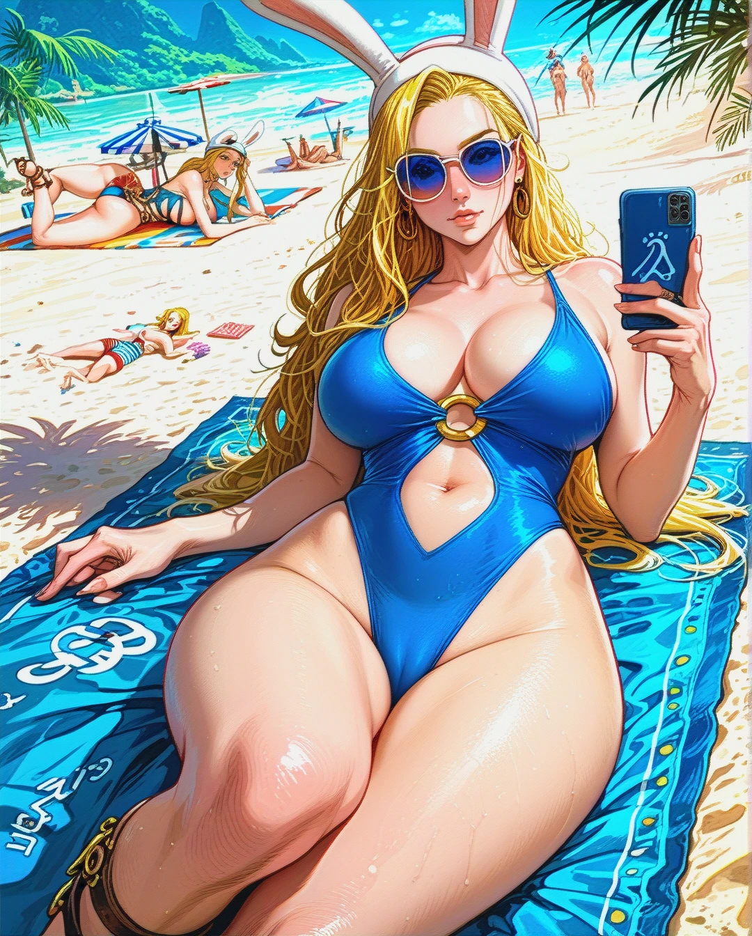 Fionna the human girl, adventure time, blonde hair, blue sunglasses, low cut blue one piece swimsuit, cleavage, visible belly button, gladiator sandals, rounded breasts, large breasts, rounded ass, thicc thighs sitting on beach towel, beach parasol, laying on back, legs extended, long hair, selfie, nip slip